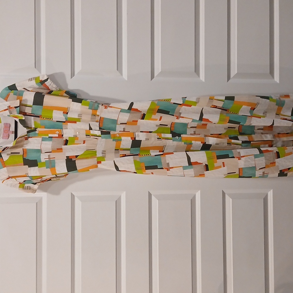 LDT Multi Color Pattern Button Down Tie Waist Dress Size 8 - Picture 3 of 9